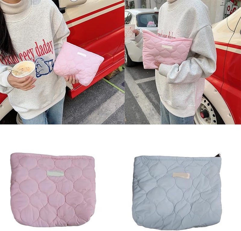 Quilted Cotton Makeup Bag Solid Color A Compact Lightweight Toiletry Cosmetic Storage - Image 2