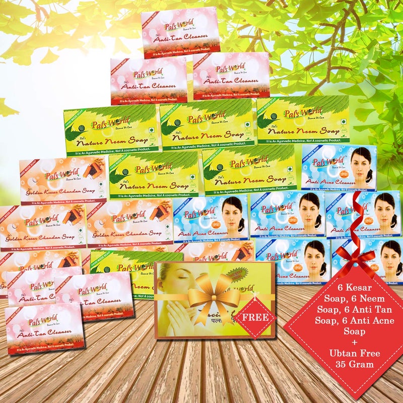 Pals World 6 Anti Tan Soap 6 Neem Soap 6 Kesar Soap 6 Anti Acne Soap Ulimate Skin Care Combo  Get 1 Facial Ubtan Free 35 Grams