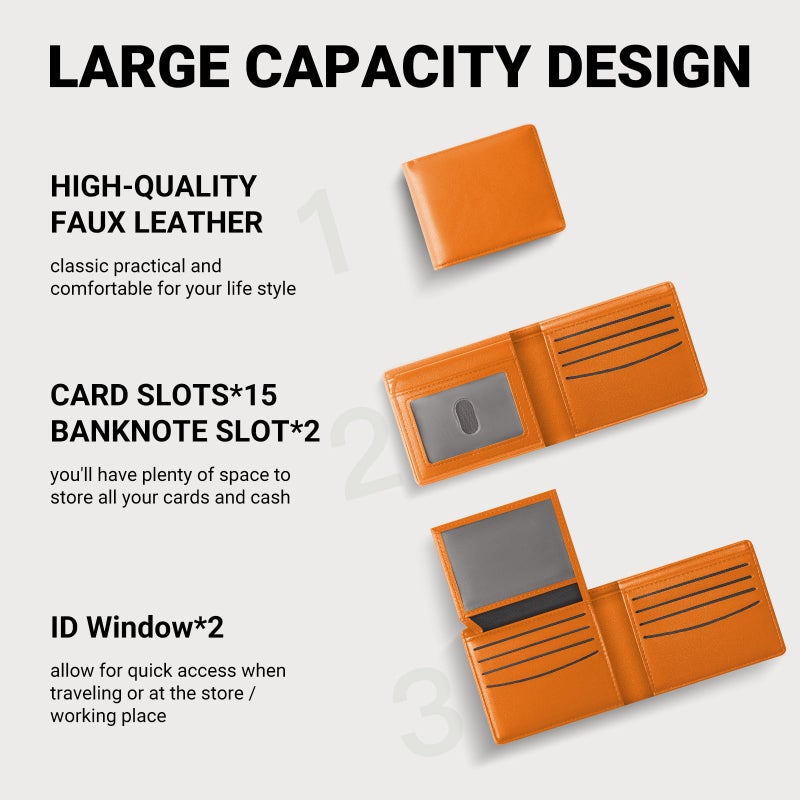 GNDR Wallet For Men RFID Blocking Orange Wallets Bifold Faux Leather Card Holder Front Pocket Mens Accessories With Gift Box - Image 2
