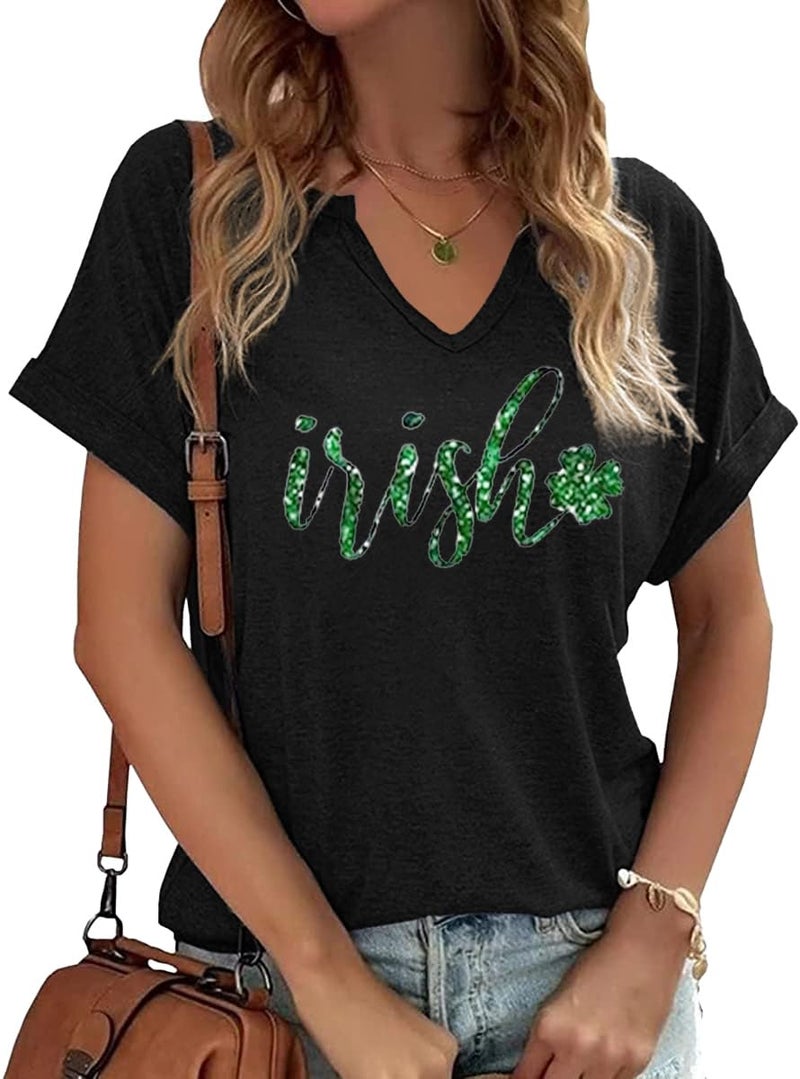 TIXOM St Patrick's Day V Neck Shirts for Womens Funny Glitter Irish Letter Printed Graphic Tee Lucky Shamrock Short Sleeve Tops(S,A-Black-1)