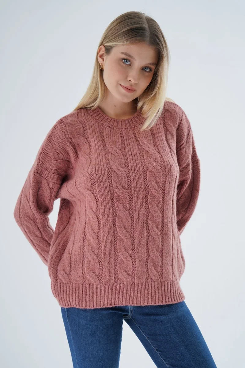 Trist Star Women's Dusty Rose Oversize Crew Neck Hair Knitted Wool Special Yarn Knitwear Knitted Sweater TRIST-6167