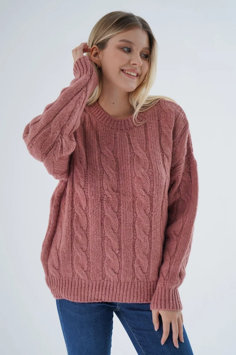 Trist Star Women's Dusty Rose Oversize Crew Neck Hair Knitted Wool Special Yarn Knitwear Knitted Sweater TRIST-6167