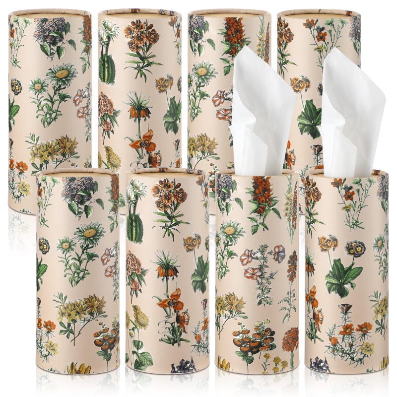Zonon 8 Pcs Car Tissues Holder Round Box with Facial Tissue Bulk Boho Flower Car Tissues Cylinder with 50 Sheets Face Towel Fit for Christmas Cube Boxes Vintage Round Tubes Cup Holder Container Travel - Image 1