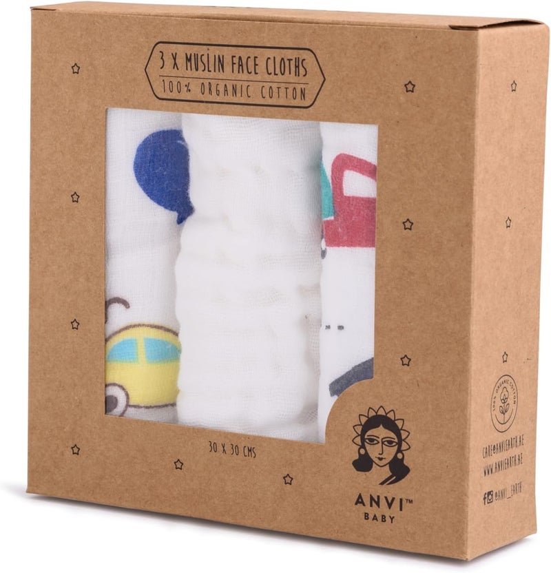Anvi Baby طقم مناشف أنفي بيبي من موسلين للوجه والتجشؤ مكون من 3 قطع - 100% قطن عضوي - سيارات - Image 3