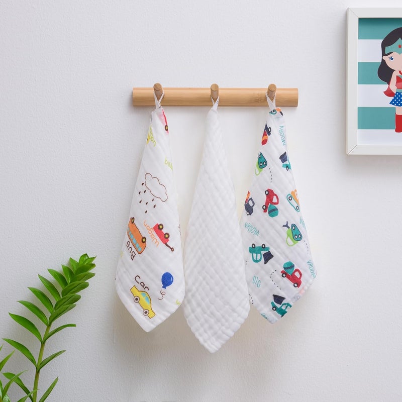 Anvi Baby طقم مناشف أنفي بيبي من موسلين للوجه والتجشؤ مكون من 3 قطع - 100% قطن عضوي - سيارات - Image 2