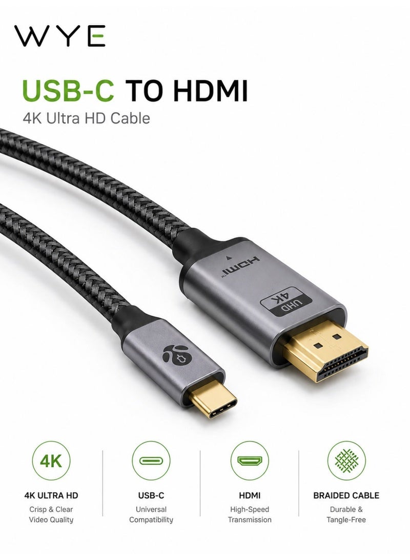 واي كابل USB-C إلى HDMI بطول 1.8 متر | كابل محول فيديو فائق الدقة 4K | محول من النوع C إلى HDMI | التوصيل والتشغيل | نقل عالي السرعة | كابل متين مضفر | متوافق مع أجهزة الكمبيوتر المحمولة والأجهزة اللوحية والهواتف الذكية والشاشات وأجهزة التلفزيون - Image 1