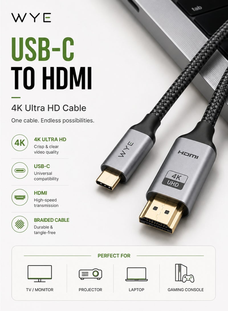 واي كابل USB-C إلى HDMI بطول 1.8 متر | كابل محول فيديو فائق الدقة 4K | محول من النوع C إلى HDMI | التوصيل والتشغيل | نقل عالي السرعة | كابل متين مضفر | متوافق مع أجهزة الكمبيوتر المحمولة والأجهزة اللوحية والهواتف الذكية والشاشات وأجهزة التلفزيون - Image 4