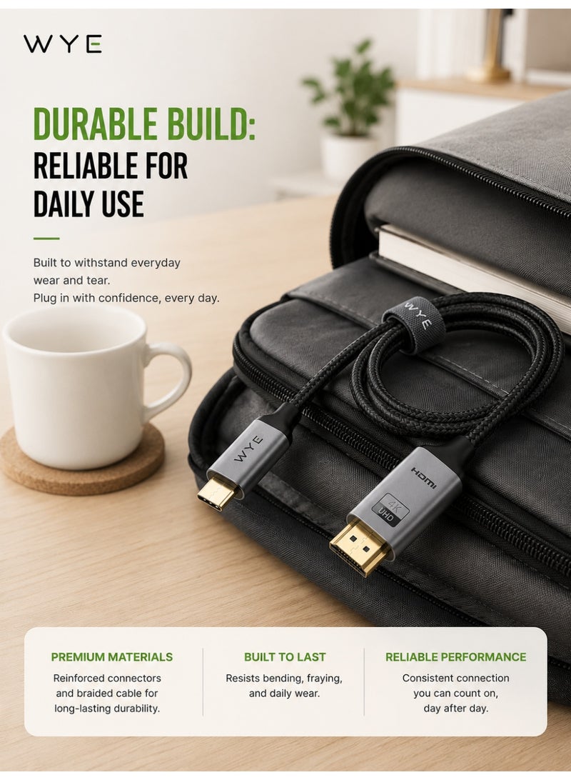 واي كابل USB-C إلى HDMI بطول 1.8 متر | كابل محول فيديو فائق الدقة 4K | محول من النوع C إلى HDMI | التوصيل والتشغيل | نقل عالي السرعة | كابل متين مضفر | متوافق مع أجهزة الكمبيوتر المحمولة والأجهزة اللوحية والهواتف الذكية والشاشات وأجهزة التلفزيون - Image 5