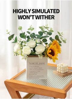 Beirui Artificial flowers, home decoration, contains 5 white roses, 2 sunflowers, green leaves, paper bag, for DIY wedding bouquet, flower arrangement party, table home decorations  - Image 2
