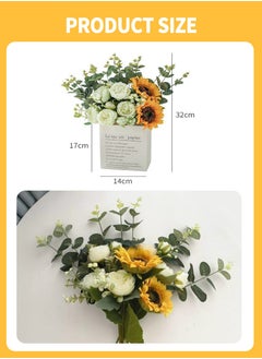 Beirui Artificial flowers, home decoration, contains 5 white roses, 2 sunflowers, green leaves, paper bag, for DIY wedding bouquet, flower arrangement party, table home decorations  - Image 3