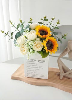 Beirui Artificial flowers, home decoration, contains 5 white roses, 2 sunflowers, green leaves, paper bag, for DIY wedding bouquet, flower arrangement party, table home decorations  - Image 1