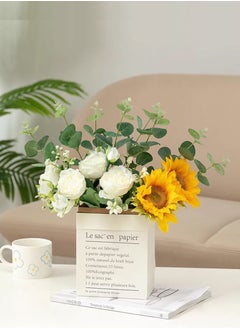 Beirui Artificial flowers, home decoration, contains 5 white roses, 2 sunflowers, green leaves, paper bag, for DIY wedding bouquet, flower arrangement party, table home decorations  - Image 4