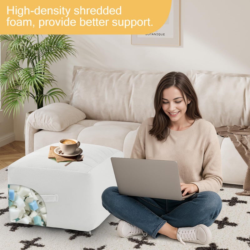MeMoreCool Square Stuffed Pouf Ottoman Foot Rest, Floor Pouf Foot Stool with Foam Chunk Filling, Soft Stuffed Ottoman Footrest for Living Room, Off-White - Image 4