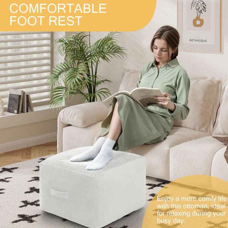 MeMoreCool Square Stuffed Pouf Ottoman Foot Rest, Floor Pouf Foot Stool with Foam Chunk Filling, Soft Stuffed Ottoman Footrest for Living Room, Off-White - Image 2