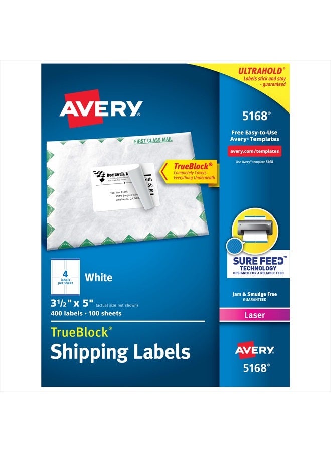 Avery Shipping Address Labels, Laser Printers, 400 Labels, 3-1/2 x 5, Permanent Adhesive, TrueBlock (5168) - Image 1