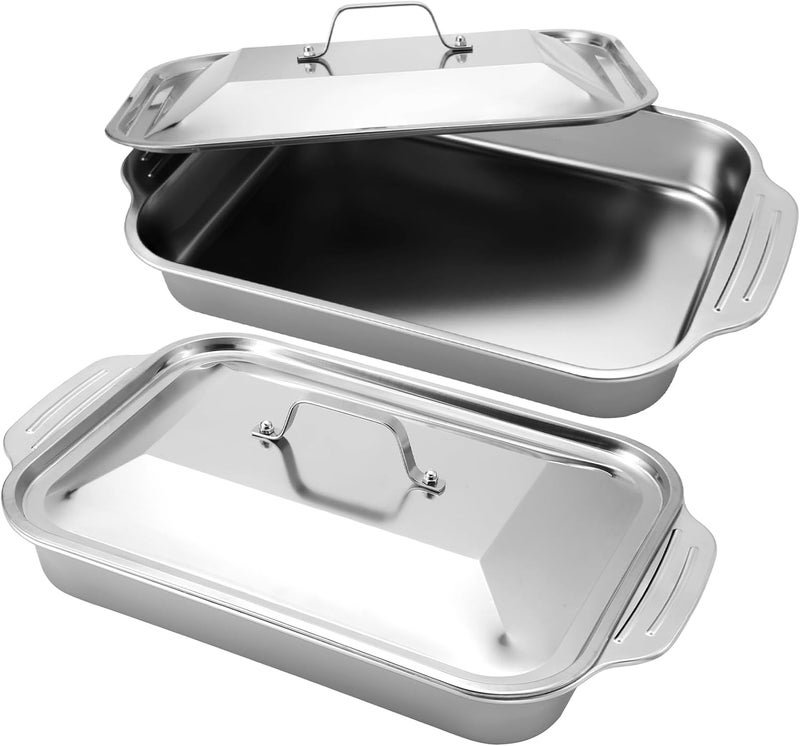 Funnymoom 2 Sets Stainless Steel Lasagna Baking Pan with Lid 9 x 13 Inch Deep Rectangle Cake Bread Loaf Pans Baking Bakeware for Casserole Brownies, Dishwasher Safe(9 x13 Inches,Handle Style,2 Sets) - Image 1