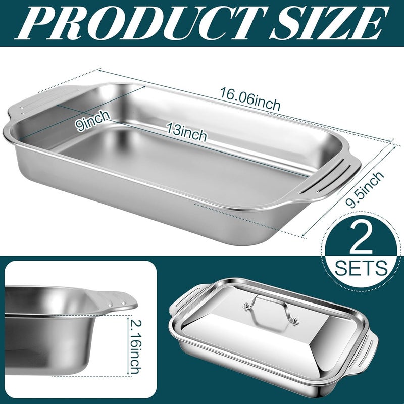 Funnymoom 2 Sets Stainless Steel Lasagna Baking Pan with Lid 9 x 13 Inch Deep Rectangle Cake Bread Loaf Pans Baking Bakeware for Casserole Brownies, Dishwasher Safe(9 x13 Inches,Handle Style,2 Sets) - Image 3