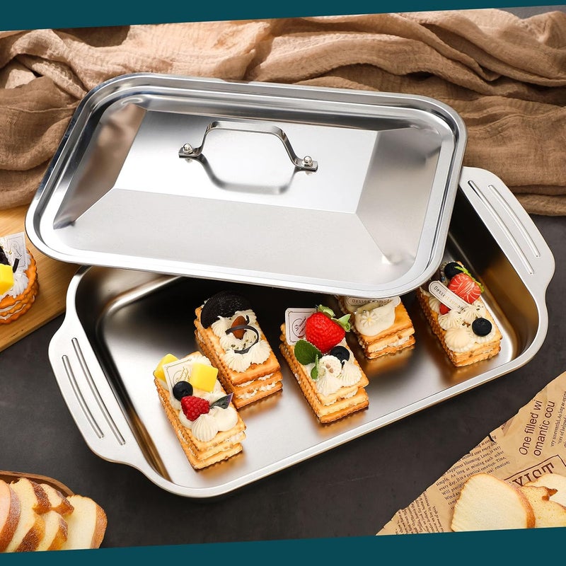 Funnymoom 2 Sets Stainless Steel Lasagna Baking Pan with Lid 9 x 13 Inch Deep Rectangle Cake Bread Loaf Pans Baking Bakeware for Casserole Brownies, Dishwasher Safe(9 x13 Inches,Handle Style,2 Sets) - Image 2