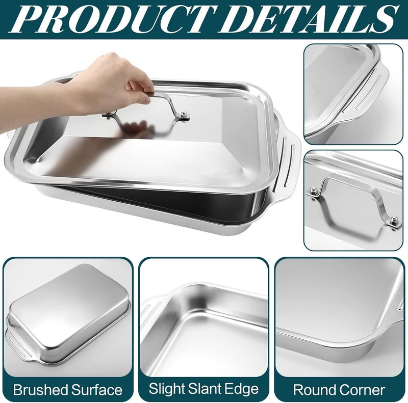 Funnymoom 2 Sets Stainless Steel Lasagna Baking Pan with Lid 9 x 13 Inch Deep Rectangle Cake Bread Loaf Pans Baking Bakeware for Casserole Brownies, Dishwasher Safe(9 x13 Inches,Handle Style,2 Sets) - Image 5