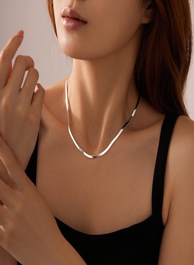 WomenGifts 14K Gold Silver Plated Herringbone Necklace for Women - Dainty Snake Chain Choker, Trendy Simple Long Layered Jewelry Non Tarnish, 14-18 Inch Thin & Chunky Options, Gift for Her, Stainless - Image 3