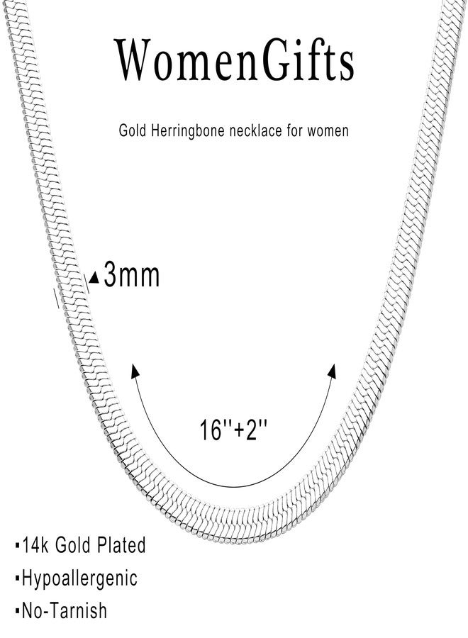 WomenGifts 14K Gold Silver Plated Herringbone Necklace for Women - Dainty Snake Chain Choker, Trendy Simple Long Layered Jewelry Non Tarnish, 14-18 Inch Thin & Chunky Options, Gift for Her, Stainless - Image 4