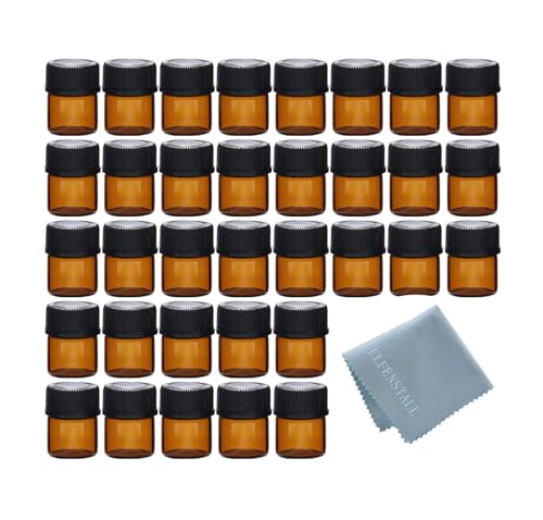Elfenstall- 50pcs 1ml (1/4 Dram) Amber Mini Glass Bottle 1cc Amber Sample Vial Small Essential Oil Bottle Travel Must + 1pc Clean Cloth - Image 1