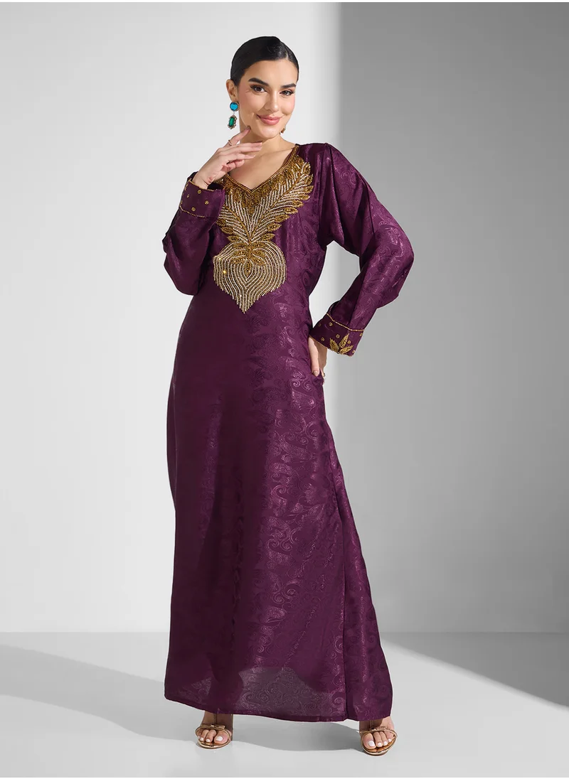 ARABIAN CLOSET Embellished Belted Jalabiya