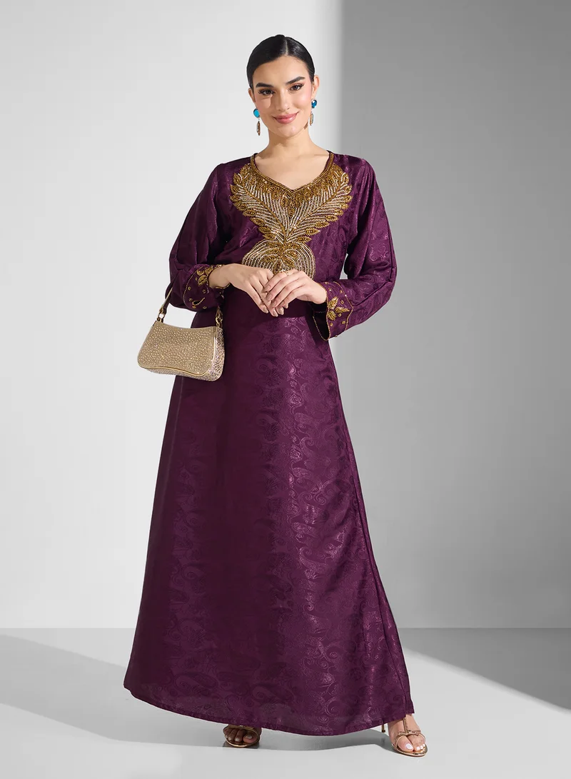 ARABIAN CLOSET Embellished Belted Jalabiya