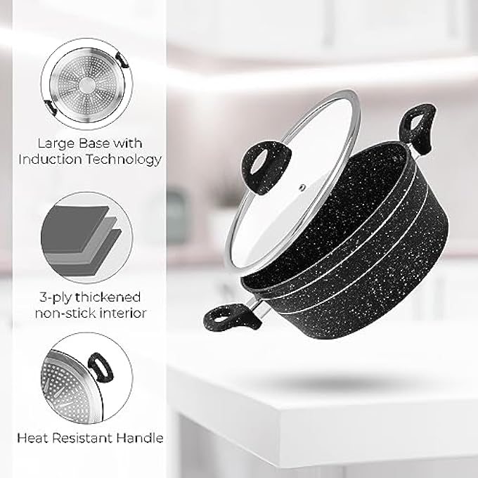 ريحني طباخ 30 سم سمارت جرانيت سيريز Rf11868 من الألمنيوم المطروق بطلاء جرانيت غير لاصق، متوافق مع أسطح طهي غاز سيراميك هالوجين من نوع الحث الساخن مع غطاء زجاجي - Image 5