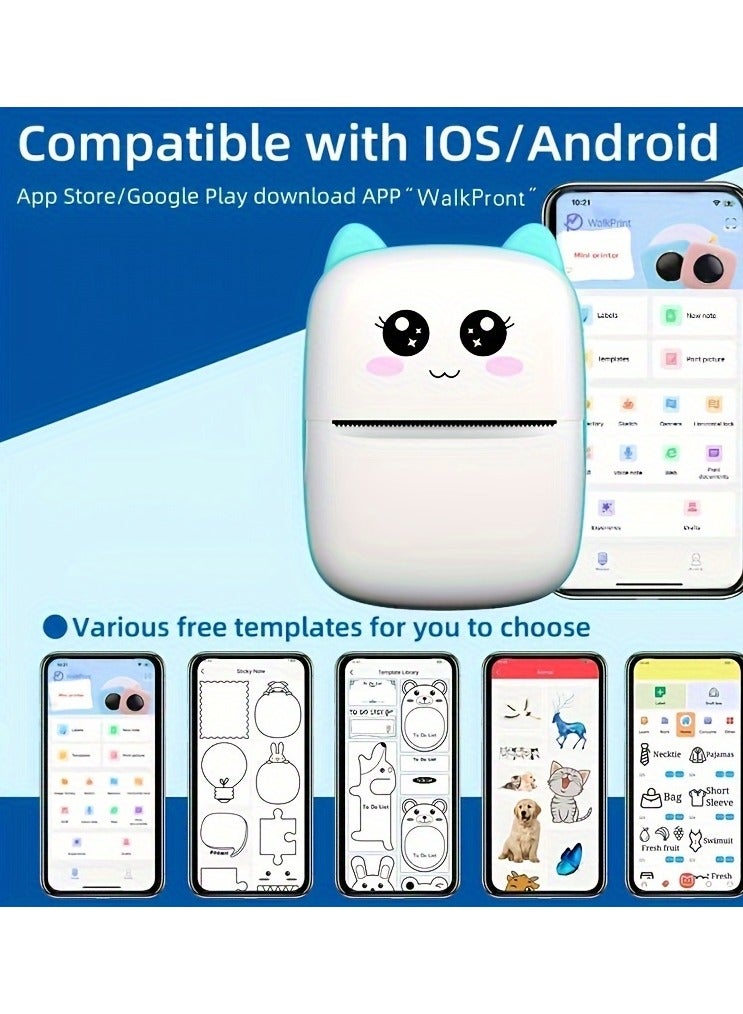 Portable Printer, Mini Pocket Wireless Bluetooth Thermal Printers with 1 Rolls Printing Paper for Android iOS Smartphone, BT Inkless Printing Gift for Label Receipt Photo Notes Study Home Office, Blue - Image 3