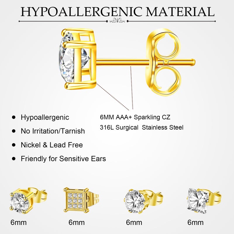 ONESING 12 Pairs Stud Earrings for Men Stainless Steel Mens Earrings Studs Hypoallergenic Cubic Zirconia Earrings for Women Men - Image 2