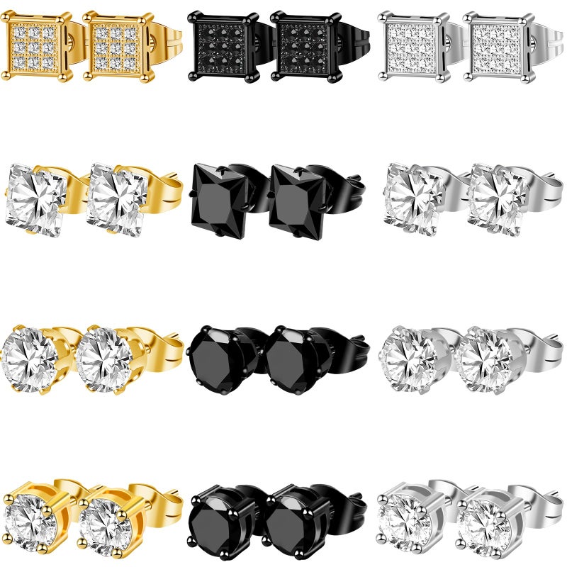 ONESING 12 Pairs Stud Earrings for Men Stainless Steel Mens Earrings Studs Hypoallergenic Cubic Zirconia Earrings for Women Men - Image 1
