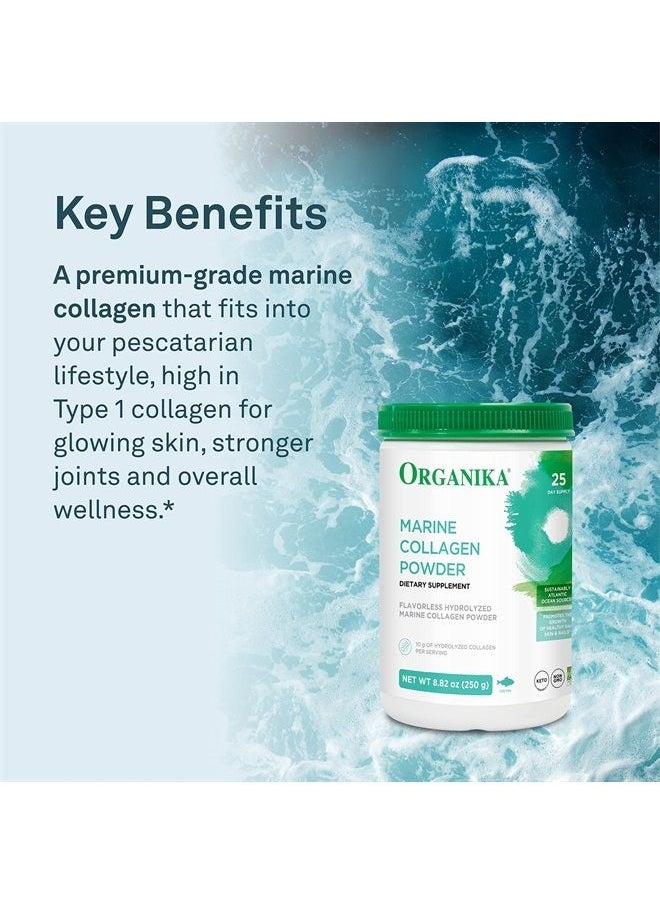 Organika - Marine Collagen Powder - Sourced from Wild-Caught Fish, Type 1 Collagen for Hair, Skin, Nails - Unflavored, Easy to Mix - 8.8oz (250g) - Image 1