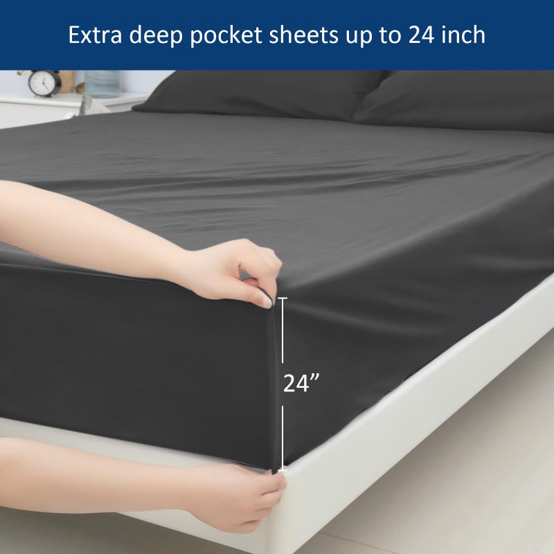 Moonsea Deep Pocket Twin Sheets Set for Kids Air Mattress - Extra Deep Pocket Twin Sheet Sets - 3Pcs Side Storage Pocket Fitted Sheet & Pillowcases Easily Fits 16in to 24in Pillow Top Bed Mattress (Black) - Image 5