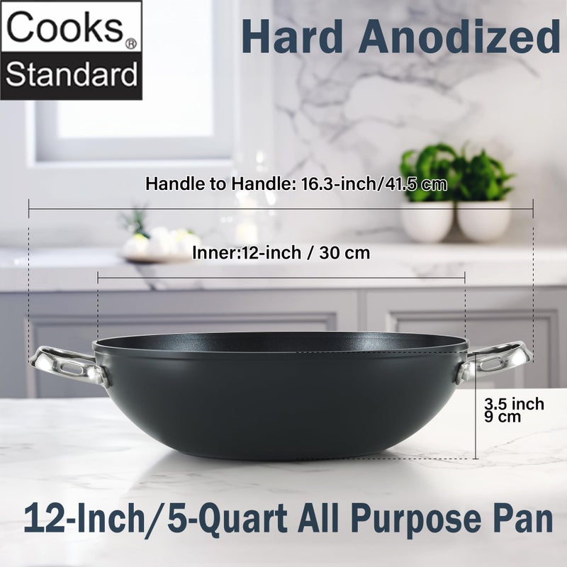 Cooks Standard Everyday Pan with Glass Lid, Chef's Pan 12-Inch Hard Anodized Nonstick All Purpose Pan 5-Quart Wok Stir Fry Pan, Black - Image 2