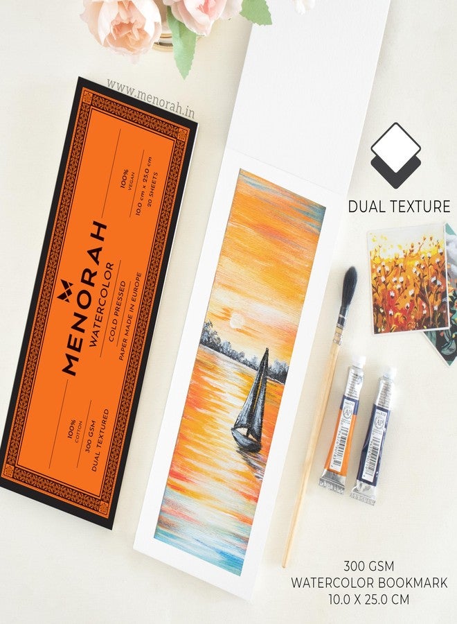 MENORAH مينورا - ورق/دفتر ألوان مائية - 300 غرام/متر مربع - قطن 100% - (10.0 سم × 25.0 سم) - (20 ورقة / 40 صفحة) - فاصل كتاب يمكنك صنعه بنفسك - نسيج مزدوج - ألوان أكريليك، غواش، ألوان مائية، تمبرا، رسم بالقلم - دفتر ملاحظات لاصق - Image 5