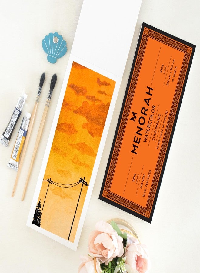 MENORAH مينورا - ورق/دفتر ألوان مائية - 300 غرام/متر مربع - قطن 100% - (10.0 سم × 25.0 سم) - (20 ورقة / 40 صفحة) - فاصل كتاب يمكنك صنعه بنفسك - نسيج مزدوج - ألوان أكريليك، غواش، ألوان مائية، تمبرا، رسم بالقلم - دفتر ملاحظات لاصق - Image 1