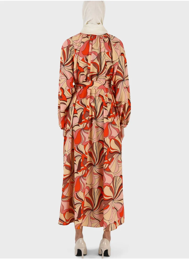 Refka by modanisa Floral Print Balloon Sleeve Dress