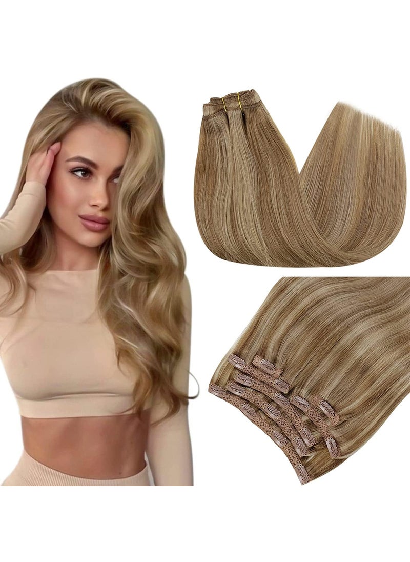 RUNATURE RUNATURE Clip in Hair Extensions Real Human Hair Dark Blonde 14 Inch 120g 7pcs Clip in Human Hair Extensions Thick Hair Extensions Clip Ins Double Weft Natural Remy Hair Extensions 