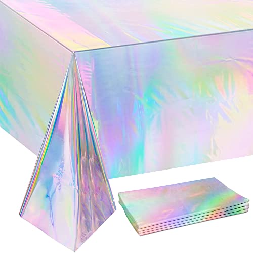 OHOME 4 Pack Iridescence Plastic Tablecloths Disposable Galentines Day Decorations Rectangle Table Covers Birthday Disco Bachelorette Bridal Wedding Rainbow Iridescent Party Decorations 54" x 108" - Image 1