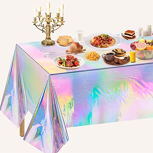 OHOME 4 Pack Iridescence Plastic Tablecloths Disposable Galentines Day Decorations Rectangle Table Covers Birthday Disco Bachelorette Bridal Wedding Rainbow Iridescent Party Decorations 54" x 108" - Image 5