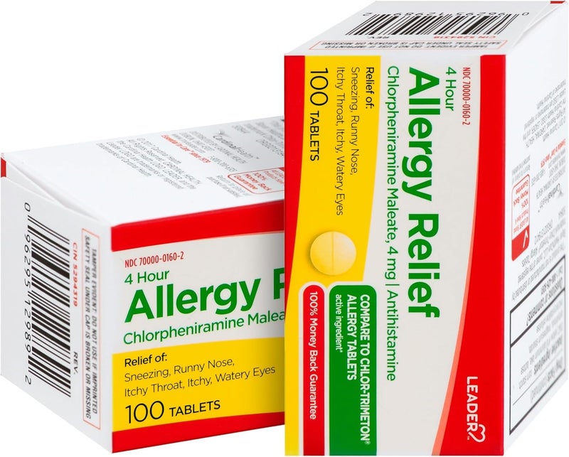 Leader 4 Hour Allergy Relief Chlorpheniramine Maleate Tablets Antihistamine 4 mg 100 Count Pack of 2 - Image 1