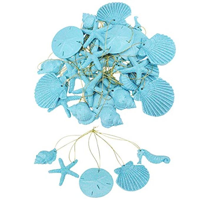 Thintinick 30 Pieces Resin Starfish Seahorse Sanddollar Conch & Seashells Set with Rope for Christmas Tree Hanging Ornaments Beach Theme Wedding Home Decor & DIY Crafts (Blue) - Image 1