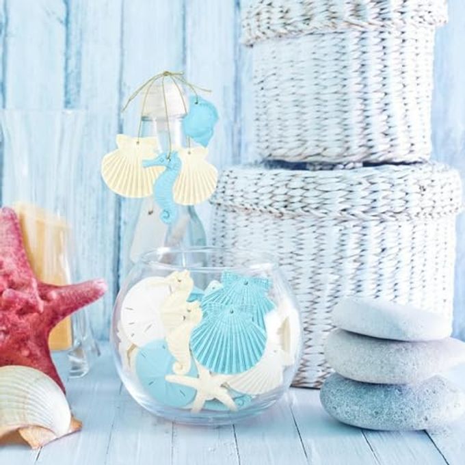 Thintinick 30 Pieces Resin Starfish Seahorse Sanddollar Conch & Seashells Set with Rope for Christmas Tree Hanging Ornaments Beach Theme Wedding Home Decor & DIY Crafts (Blue) - Image 3