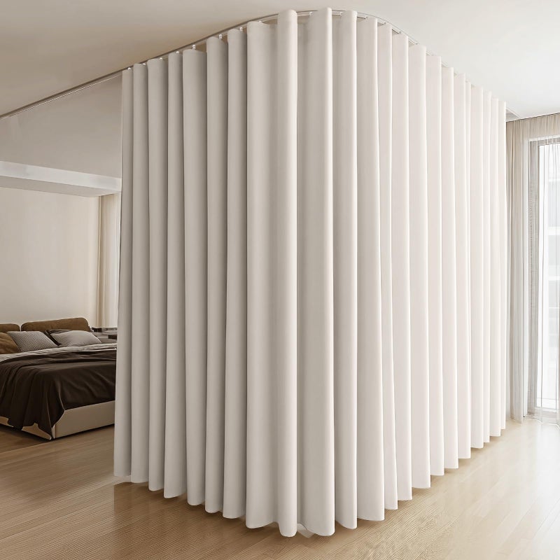 MaKefeile Room Divider Curtain with Flexible Bendable Track Set W100×H96in 1 Panel Beige Curtain and White Track - Image 1