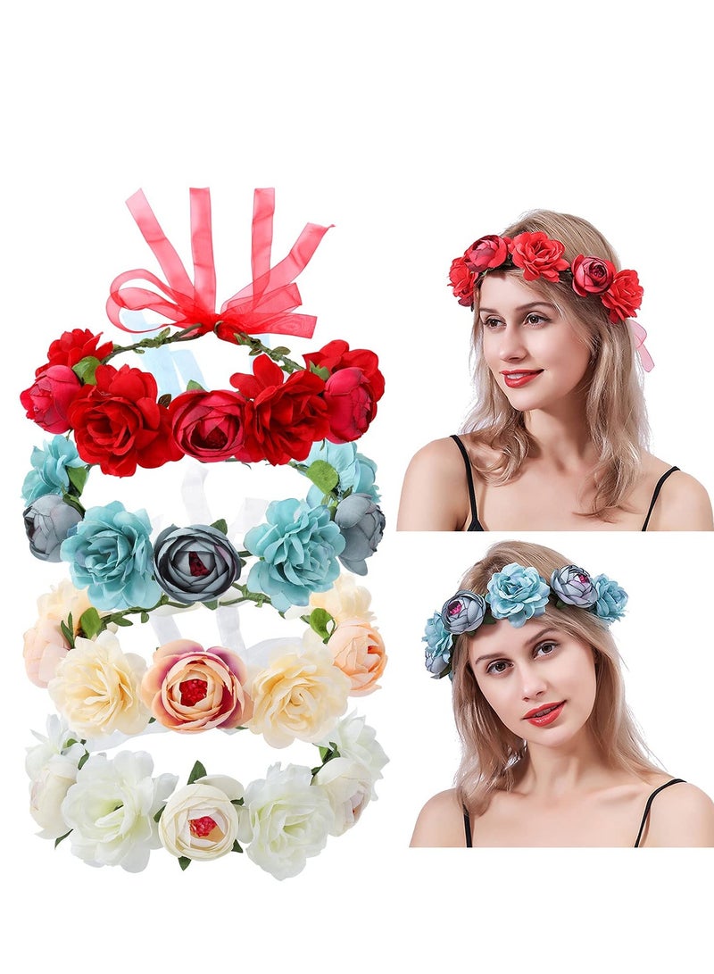 KASTWAVE Flower Wreath Crown Headbands Garland, 4 Pack Handmade Adjustable Floral Rose Crown for Wedding Family Traveling Photography Party Women Brides Bridemaids Girls Teens - Image 1