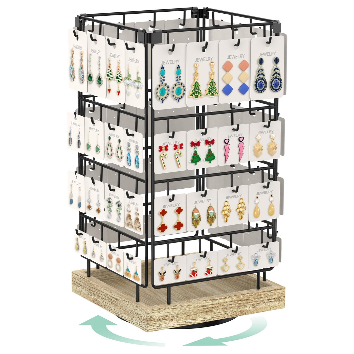 EsLuker.ly Rotating Earring Display Holder Stand for Vendors Events Selling, Large Capacity 64 Hooks Jewelry Rack with Wooden Base for Earring Card Sales, Enhances Retail Display Visibility