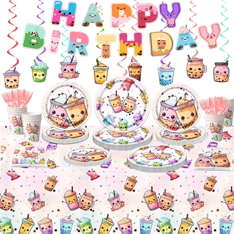 Dydamud Boba Tea Party Decorations,Bubble Tea Birthday Tableware Set Include Boba Tea Plate Napkins Cups Banner Tablecloth and Boba Tea Hanging Swirls for Boba Birthday Party Decorations - Image 1