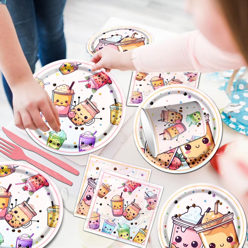 Dydamud Boba Tea Party Decorations,Bubble Tea Birthday Tableware Set Include Boba Tea Plate Napkins Cups Banner Tablecloth and Boba Tea Hanging Swirls for Boba Birthday Party Decorations - Image 5