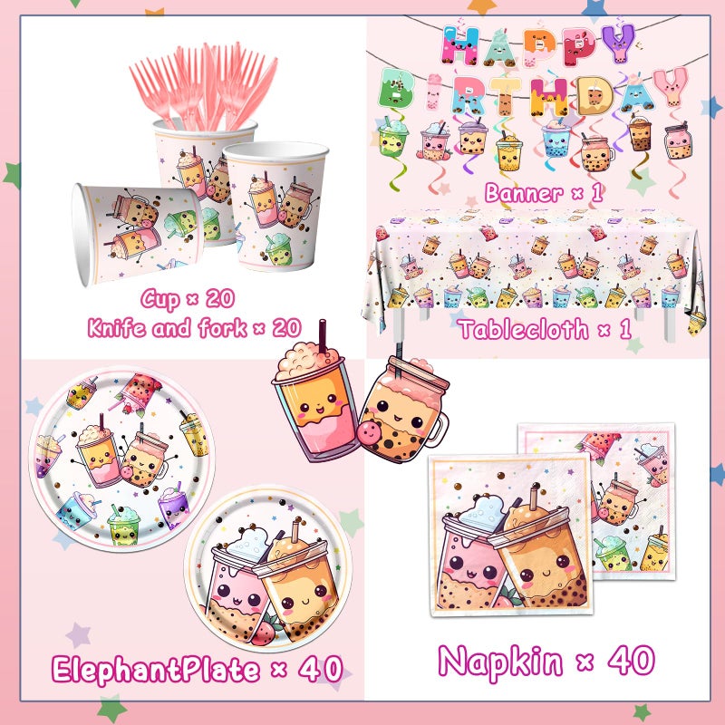 Dydamud Boba Tea Party Decorations,Bubble Tea Birthday Tableware Set Include Boba Tea Plate Napkins Cups Banner Tablecloth and Boba Tea Hanging Swirls for Boba Birthday Party Decorations - Image 4
